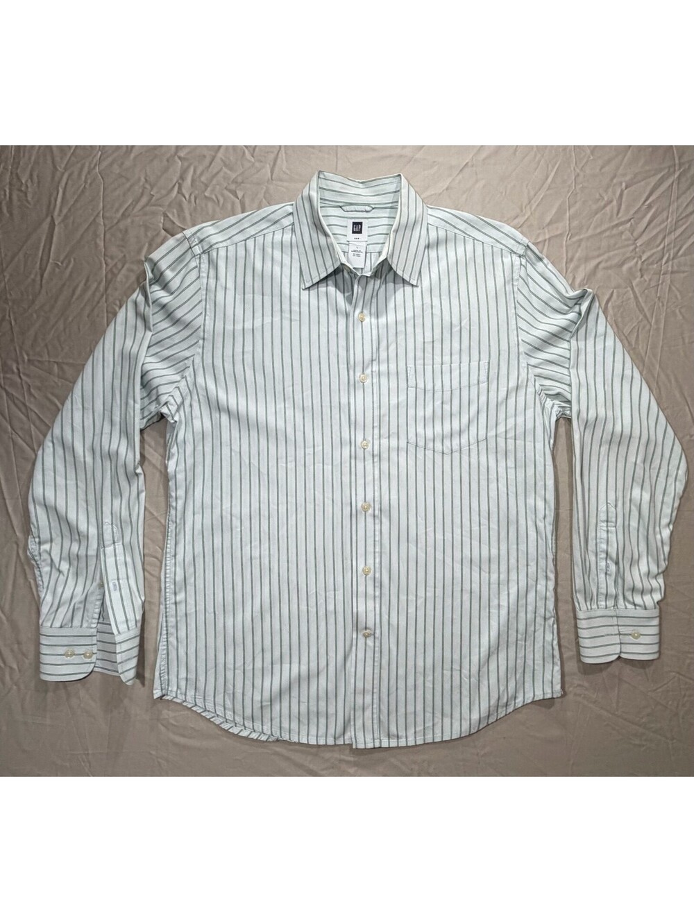 GAP Men’s Large Green White Striped 100% Cotton Long Sleeve Button-Up Shirt